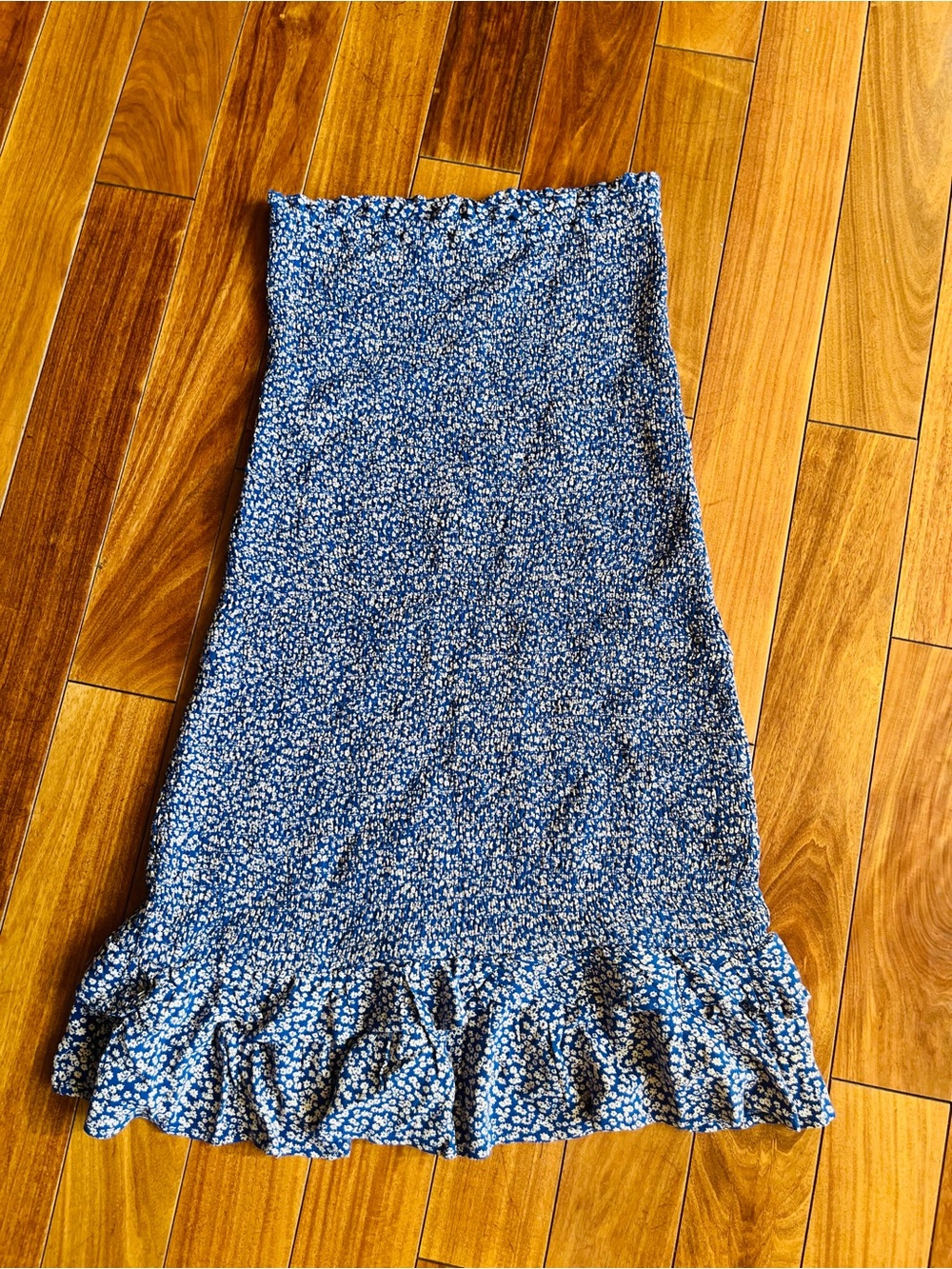 American Eagle Outfitters Blue Smocked Floral Dress with Ruffle Hem